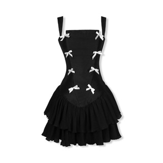 Đầm Nữ Ngắn Strap Bowtie Chain Layers , Chất Vải Tafta Xước Phối Vải Lụa Cát Dập Ly , WDN064 , SOME HOW