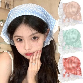 Khăn Trùm Đầu Caro Viền Bèo Vintage – Khăn Trùm Tóc Buộc Dây Phong Cách Hàn Quốc, Phụ Kiện Tóc Nữ