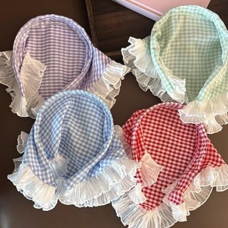 Khăn Trùm Đầu Caro Viền Bèo Vintage – Khăn Trùm Tóc Buộc Dây Phong Cách Hàn Quốc, Phụ Kiện Tóc Nữ