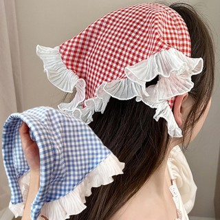 Khăn Trùm Đầu Caro Viền Bèo Vintage – Khăn Trùm Tóc Buộc Dây Phong Cách Hàn Quốc, Phụ Kiện Tóc Nữ