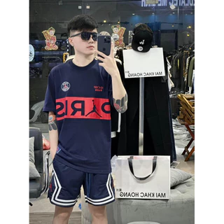 Bộ Đồ Thể Thao Nam Mặc Hè JD Xanh Than In Vạch Chữ Parit Đỏ Thêu Logo Ngực Phối Sọc Viền Quần Cho Các Boy Phố Đi Bar