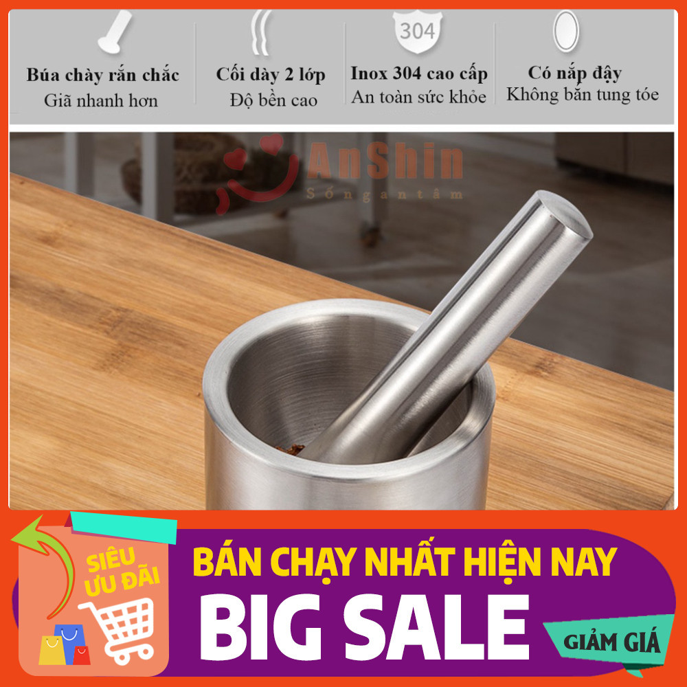 Bộ Cối Chày Inox 304 - Hàng Cao Cấp Không Vết Hàn - Bảo Hành Trọn Đời Không Han Gỉ Mẫu Mới -  3369