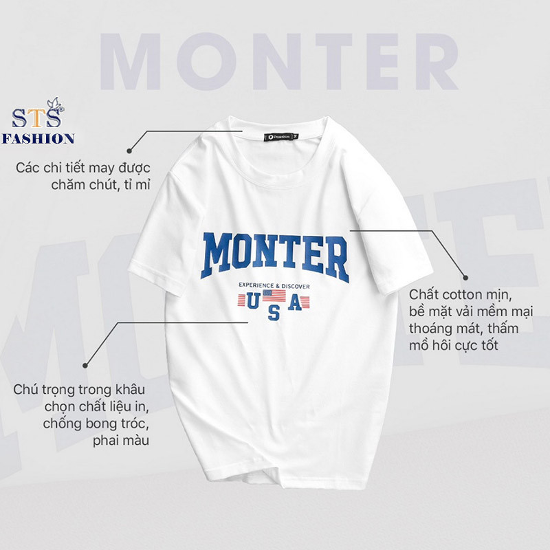 (Hàng Đẹp) Áo Thun Cổ Tròn MONTER.,chất thun cotton lụa thái siêu cấp (100% cotton),siêu mát, mịn, thấm hút tốt STS0184