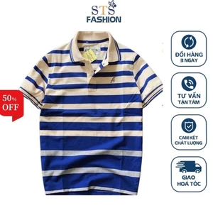 Áo nam tay ngắn cổ bẻ sọc ngang, thêu chữ A, vải 100% cotton mềm mịn thoáng mát -STS0071