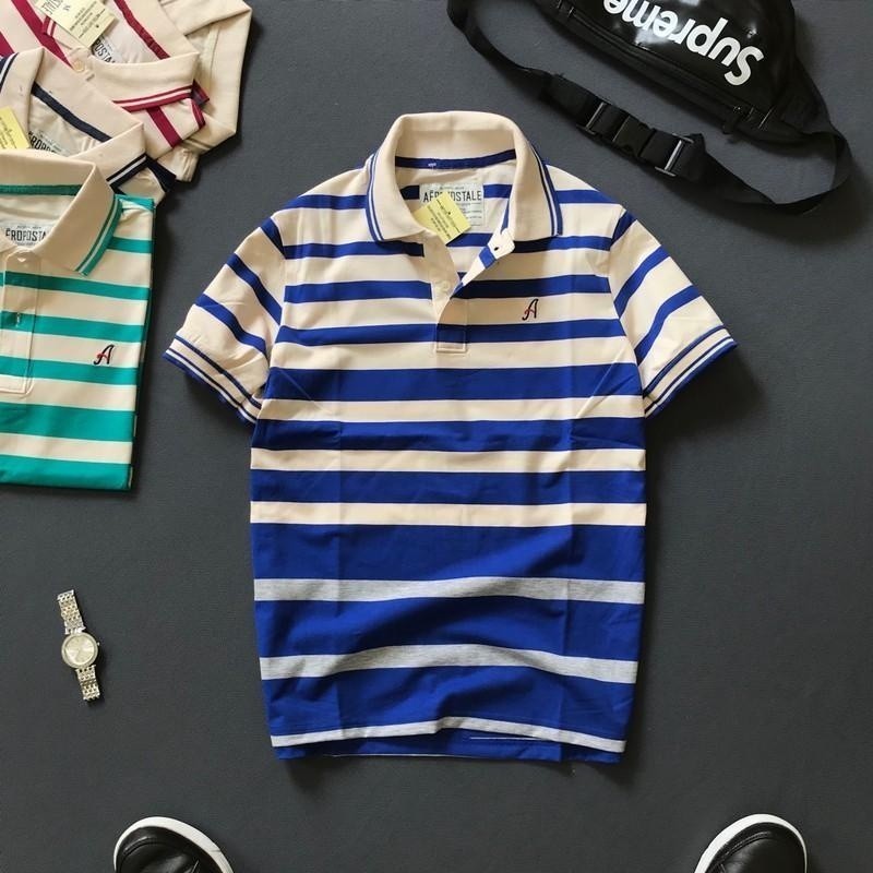 (Hàng Đẹp) Áo nam tay ngắn cổ bẻ sọc ngang, thêu chữ A, vải 100% cotton mềm mịn thoáng mát -STS0071
