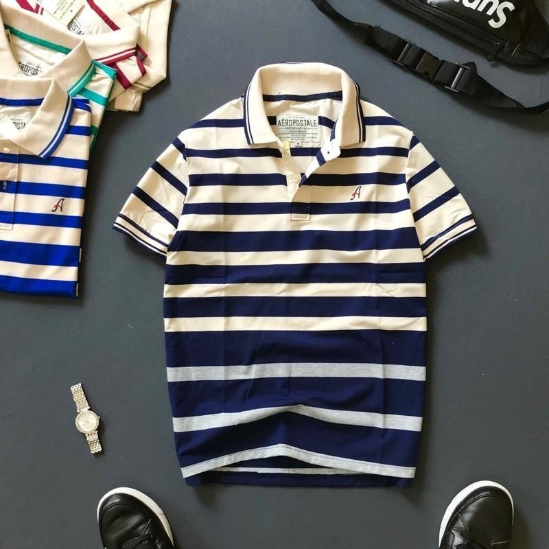 (Hàng Đẹp) Áo nam tay ngắn cổ bẻ sọc ngang, thêu chữ A, vải 100% cotton mềm mịn thoáng mát -STS0071