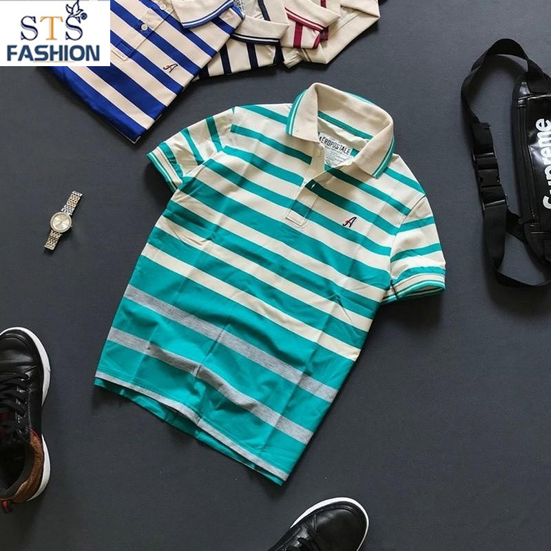 (Hàng Đẹp) Áo nam tay ngắn cổ bẻ sọc ngang, thêu chữ A, vải 100% cotton mềm mịn thoáng mát -STS0071