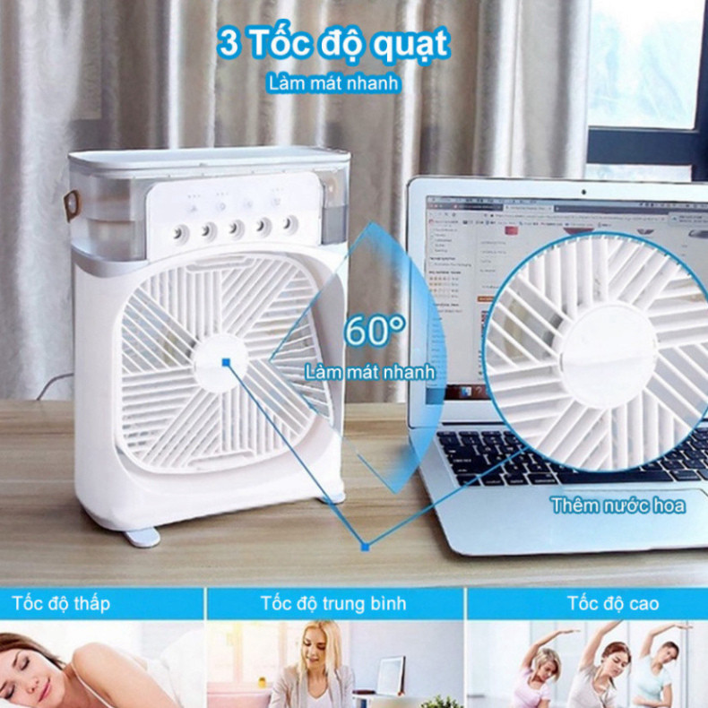 Quạt Điều Hòa Phun Sương Mini-  Quạt Làm Mát Bằng Hơi Nước Để Bàn 3 Chế Độ Tích Hợp Đèn Led Cổng Sạc USB - 968 New New