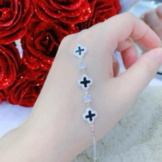 Lắc tay bạc ta , cỏ 4 lá đá đen mix đá vuông - jena sliver