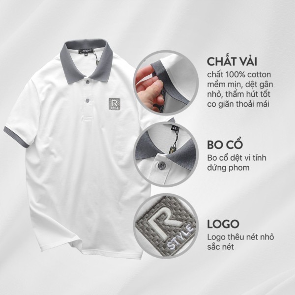 Áo Thun polo nam Cổ Bẻ Men R, Chất liệu 100% cotton, dệt gân nhỏ. Mềm, mịn, thấm hút, co giãn tốt, STS0215