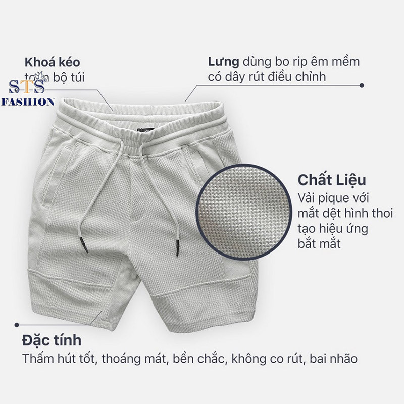 Quần short thun New Basic, Vải thun vải pique với mắt dệt hình thoi tạo hiệu ứng bắt mắt. Thấm hút tốt, thoáng mát,bền