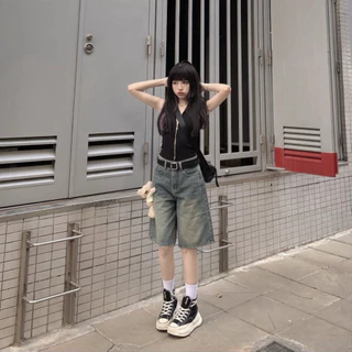 Quần Short Jeans lửng wash cạp thấp ống rộng nữ, Quần jeans unisex siêu Hot siêu sang chảnh N69