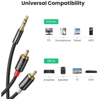 Dây Audio 3.5mm ra 2 đầu RCA (Hoa sen) UGREEN AV116 | Đầu nối mạ vàng 14K | Kết nối dễ dàng | Bảo Hành 18 Tháng 1 Đổi 1