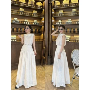 Set Áo linen sát nách viền xoắn + chân váy xếp eo xoè dài