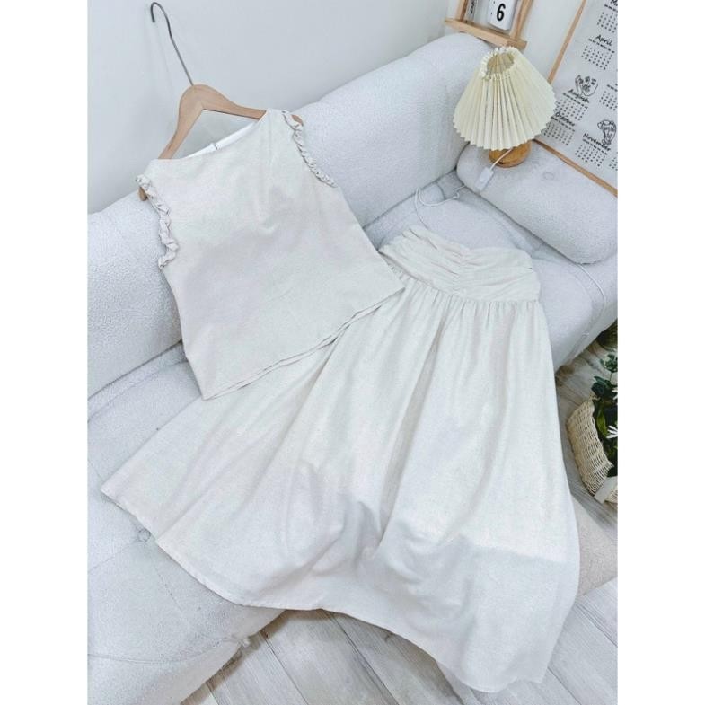 [Mya house]Set Áo linen sát nách viền xoắn + chân váy xếp eo xoè dài