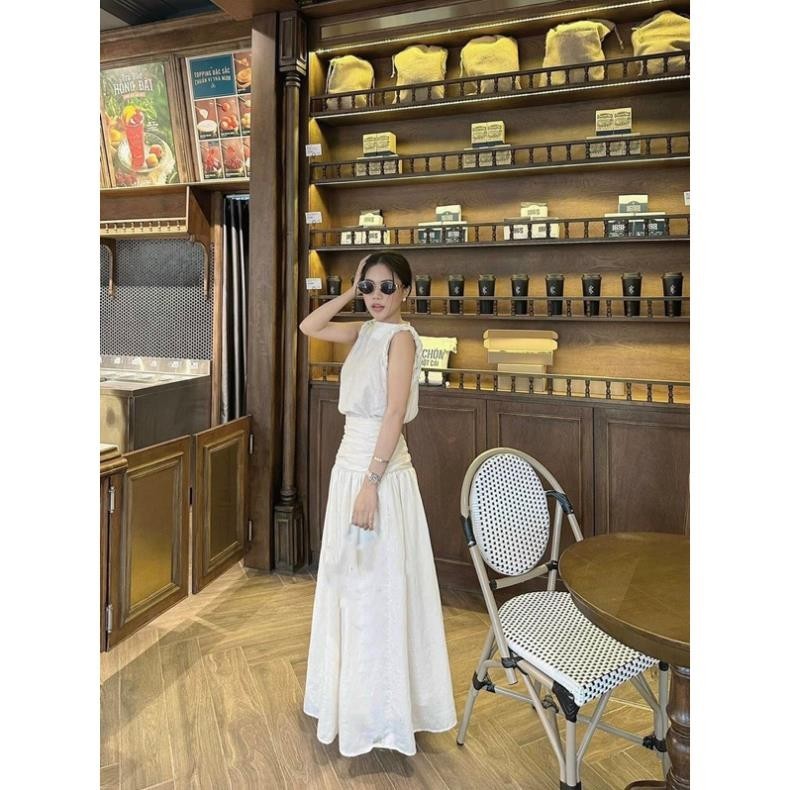 [Mya house]Set Áo linen sát nách viền xoắn + chân váy xếp eo xoè dài
