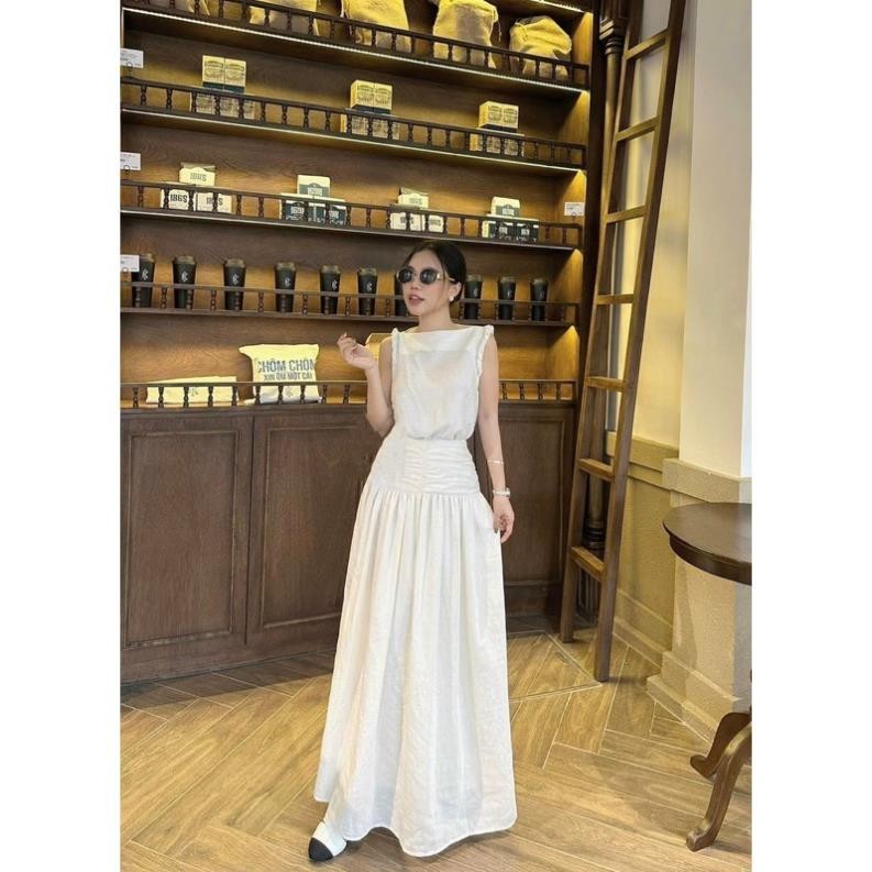 [Mya house]Set Áo linen sát nách viền xoắn + chân váy xếp eo xoè dài