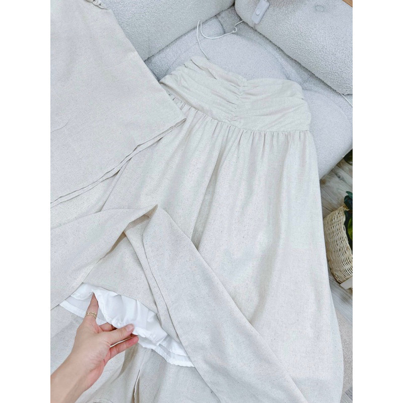 [Mya house]Set Áo linen sát nách viền xoắn + chân váy xếp eo xoè dài