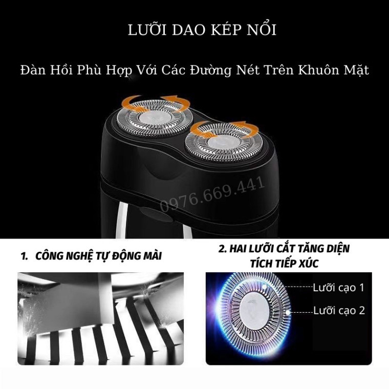 Máy Cạo Râu Mini 2 Lưỡi Cạo Nổi Máy Cạo Râu Đa Năng Đầu Cạo Chống Nước Đèn Rọi Ray ASAKI - R2