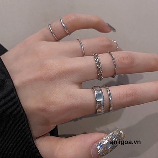 🎀 yakult 🎀Set 7 Nhẫn Bạc Đeo Khớp Ngón Tay Phong Cách Vintage Cho Nữ nhẫn kim tiền nhẫn nữ cá tính nhẫn đôi nam nữ ̂̃n cặp bạc bộ