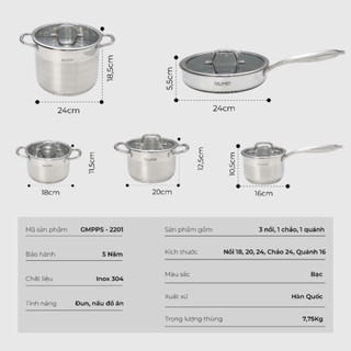 Bộ nồi chảo GUME, chất Liệu inox với đáy 5 lớp phù hợp với mọi loại bếp bảo hành 5 năm - Bếp Của Hà