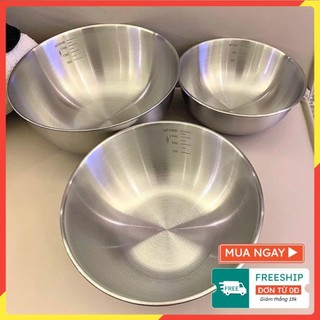 Set 3 thau inox đựng đồ ăn cao cấp - Bát inox trộn đồ có vạch chia nước tiện dụng bền bỉ OKAMAS