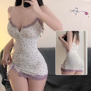 Váy ngủ 2 dây gợi cảm Hoa nhỏ Viền ren Váy thun gợi cảm DN59 Bộ ngủ 2 dây Hoa sexy