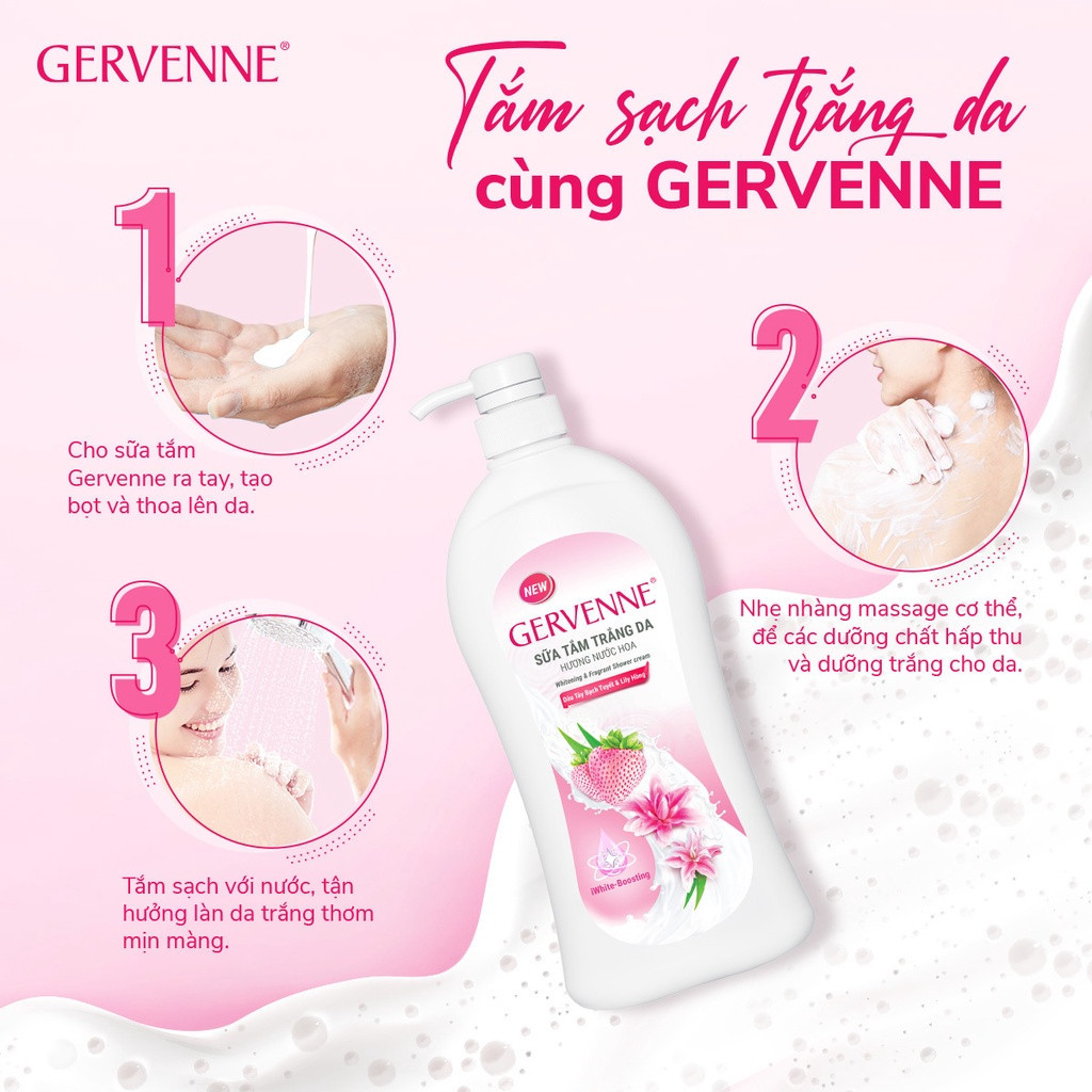 [Combo Tiết Kiệm] Bộ đôi sữa tắm trắng da Gervenne Kiwi Bạch Trà và Dâu Tây Lily Hồng (750g x 2)