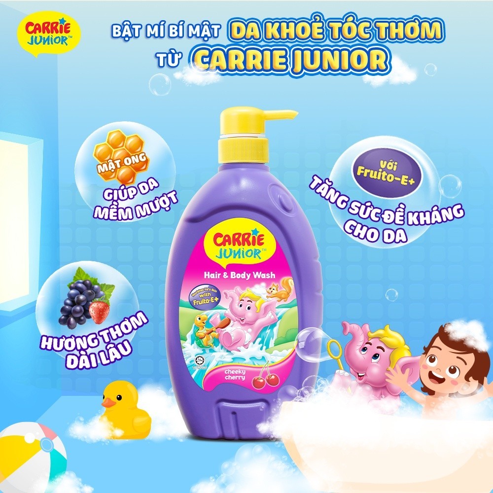 Combo 2 Sữa Tắm Gội thành phần thiên nhiên Sạch Dịu Nhẹ & ẩm mịn Cho Bé Carrie Junior ( 700g x 2 ): Grapeberry + Cherry
