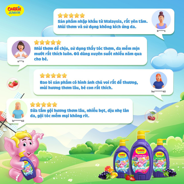 Combo 2 Sữa Tắm Gội thành phần thiên nhiên Sạch Dịu Nhẹ & ẩm mịn Cho Bé Carrie Junior ( 700g x 2 ): Grapeberry + Cherry