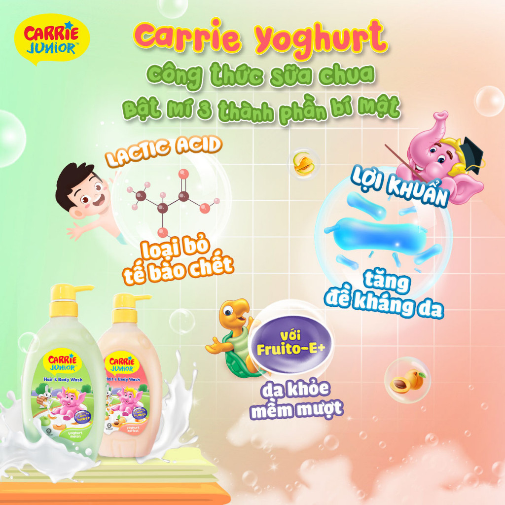 Chai Sữa Tắm Gội cho bé Carrie Junior Yoghurt hương trái cây thiên nhiên 700g