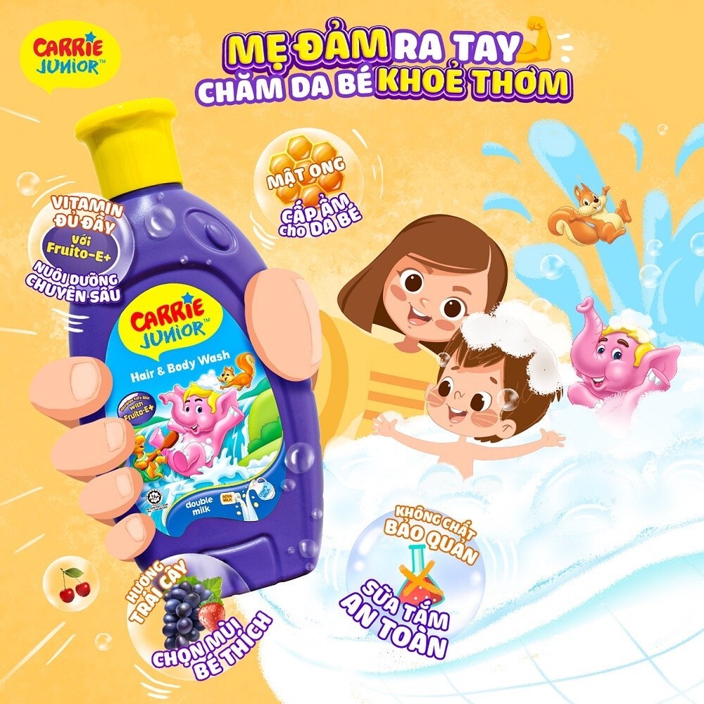 [TẶNG Trứng tô màu] Chai Sữa Tắm Gội cho bé Carrie Junior hương trái cây thiên nhiên 280g (Tặng ngẫu nhiên)