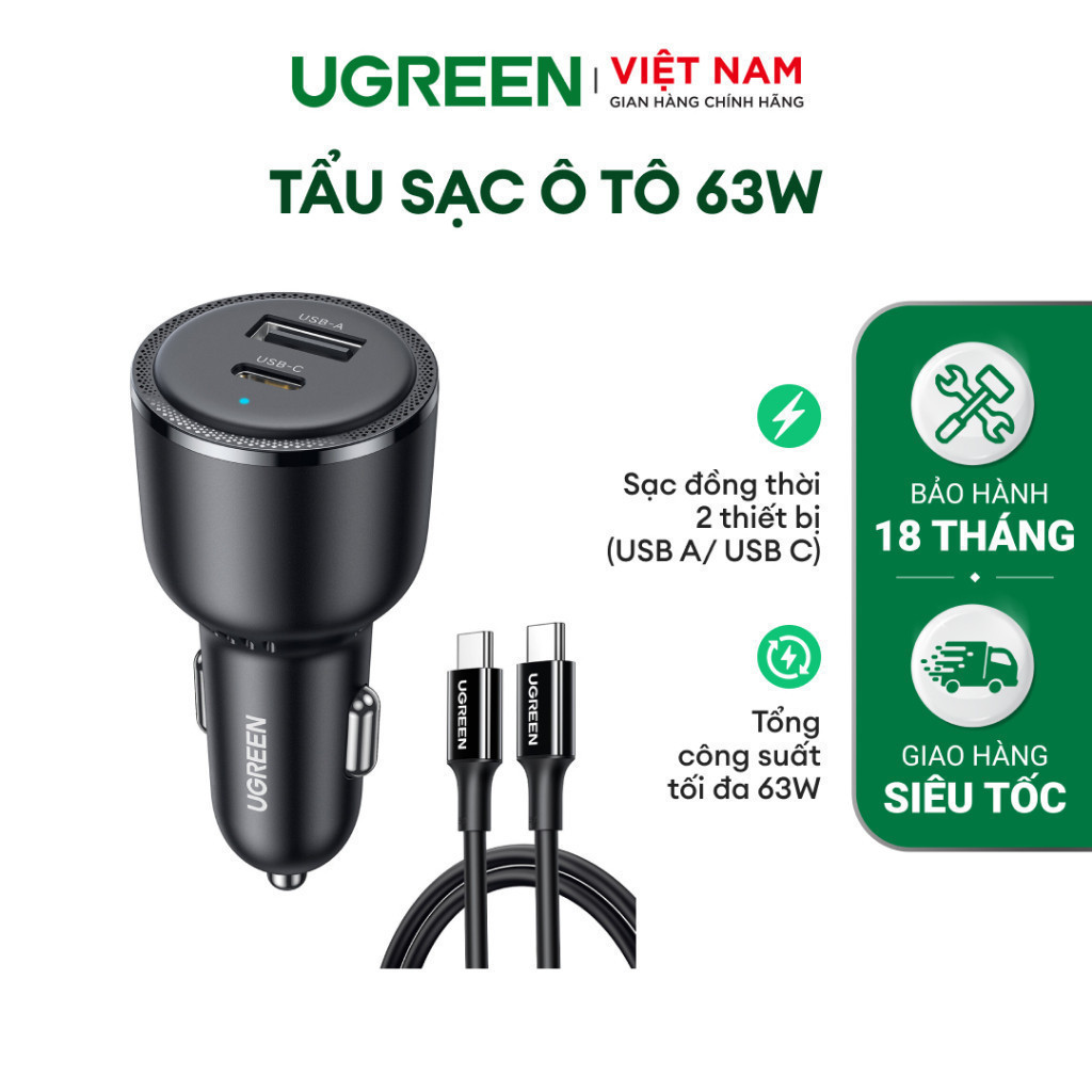 Tẩu sạc ô tô UGREEN CD239 | Sạc đồng thời nhiều thiết bị | Vỏ PC chống ...