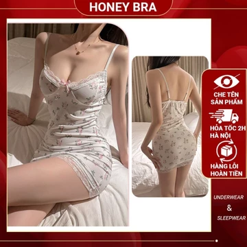 Váy ngủ 2 dây Viền ren gợi cảm Hoa nhỏ kèm đệm ngực Váy thun B02DN58 Váy ngủ 2 dây Hoa quyến rũ sexy