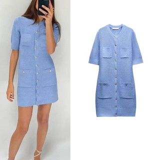 đầm Zara made in Morocco mini dệt kim nút gold cộc tay - Luumooc