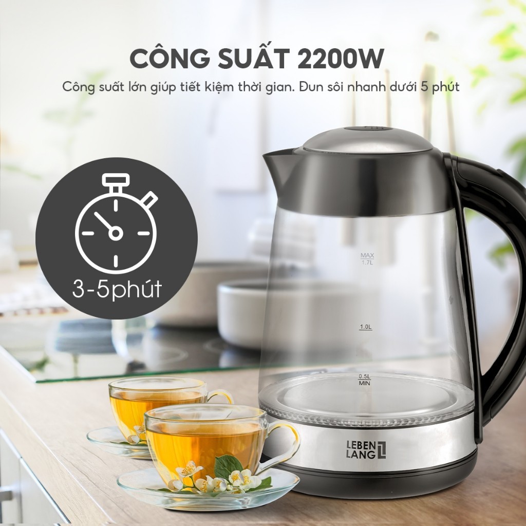 Ảnh Ấm siêu tốc bình siêu tốc thủy tinh LEBENLANG LBWE9991, 1.7 lít, 2200W, bảo hành 2 năm - chính hãng. 3