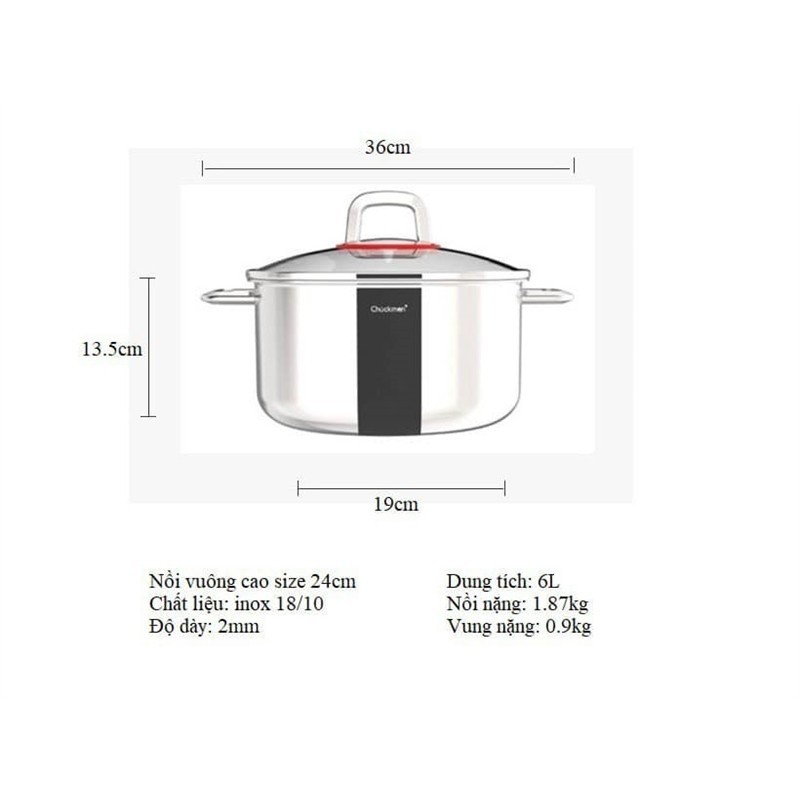 Nồi Luộc Gà Chockmen, Nồi Vuông 24cm Kèm Nắp (CAO) CKM157
