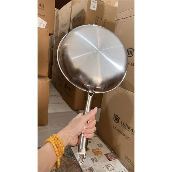 Chảo Inox Chiên Rán Cán Dài, Chảo Cạn Lunkai LK13 LK14, Dụng Cụ Chiên Rán 20cm 24cm