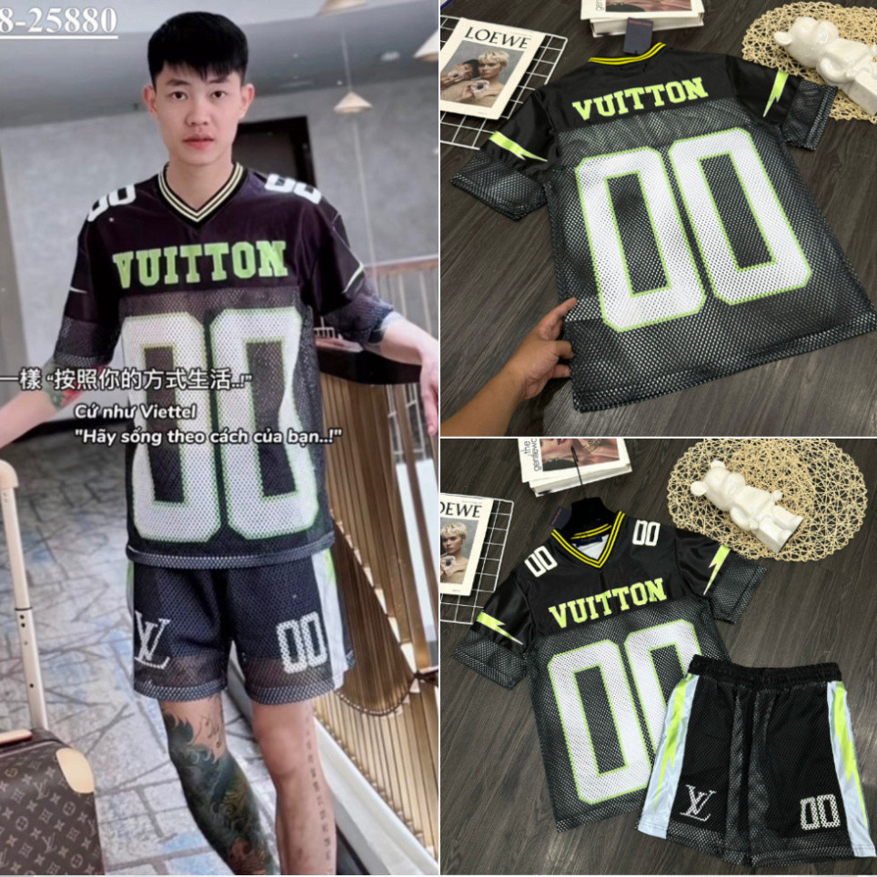 Bộ Quần Áo Nam Vuitton Vải Lưới Siêu Mát - Bộ Quần Áo Nam Nữ Lờ Thêu In Số 00 Siêu Chất New 2024 New 2024