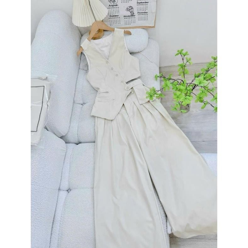 [Mya house] Set đồ nữ áo ghile cổ tim gài nút hở eo + quần suông rộng xếp li có túi