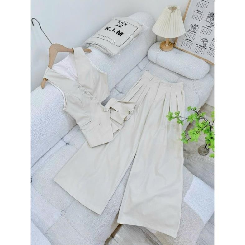 [Mya house] Set đồ nữ áo ghile cổ tim gài nút hở eo + quần suông rộng xếp li có túi