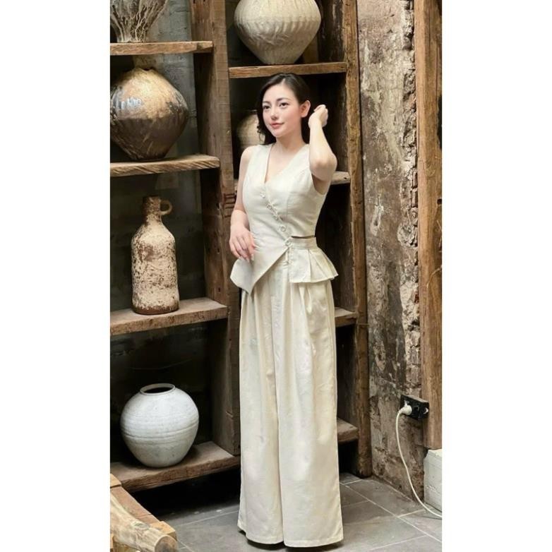 [Mya house] Set đồ nữ áo ghile cổ tim gài nút hở eo + quần suông rộng xếp li có túi