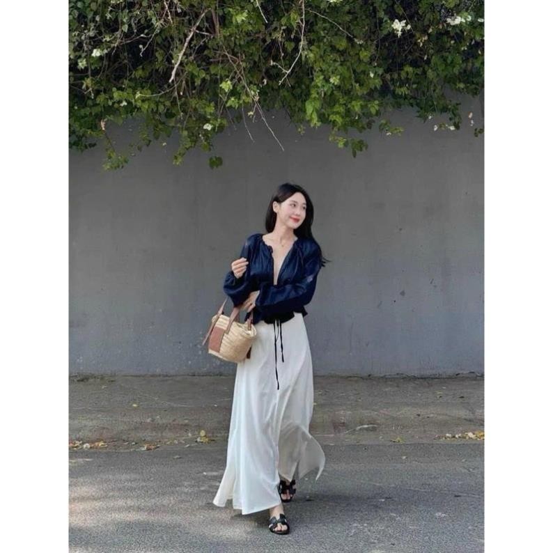[Mya house] Set áo linen xanh than cổ V tay thun bo eo + chân váy lụa trắng xoè dài