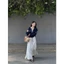 Set áo linen xanh than cổ V tay thun bo eo + chân váy lụa trắng xoè dài