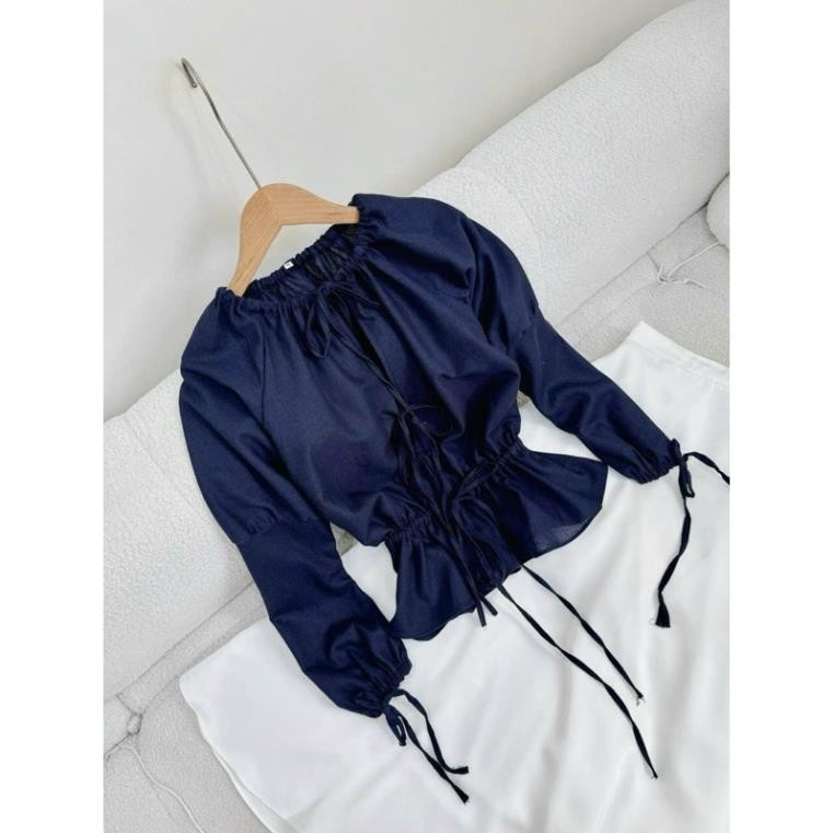 [Mya house] Set áo linen xanh than cổ V tay thun bo eo + chân váy lụa trắng xoè dài