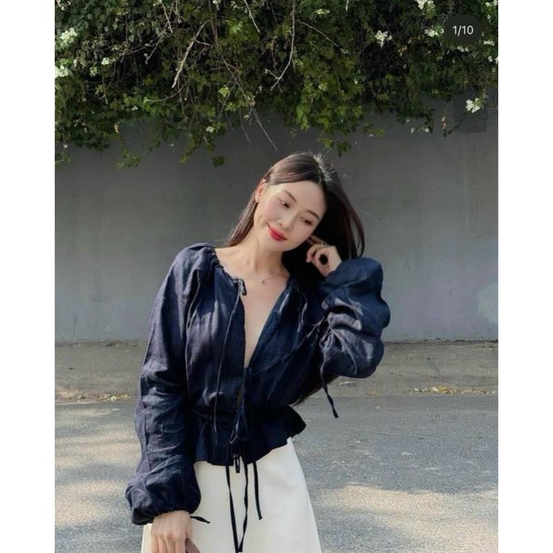[Mya house] Set áo linen xanh than cổ V tay thun bo eo + chân váy lụa trắng xoè dài