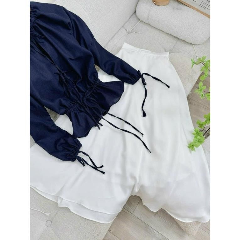 [Mya house] Set áo linen xanh than cổ V tay thun bo eo + chân váy lụa trắng xoè dài