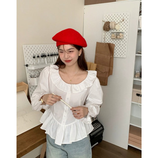 Áo trắng sơ mi cổ bèo cách điệu tay bồng nhún eo kiểu Hàn Quốc phù hợp đi học đi làm đi chơi