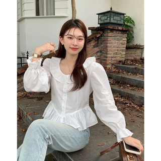 Áo trắng sơ mi cổ bèo cách điệu tay bồng nhún eo kiểu Hàn Quốc phù hợp đi học đi làm đi chơi