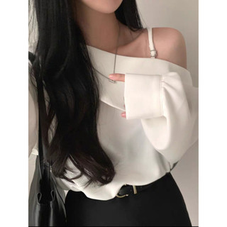 Áo sơ mi trắng trễ vai cổ lệch dài tay dáng rộng phong cách Hàn Quốc phù hợp đi học đi chơi đi làm